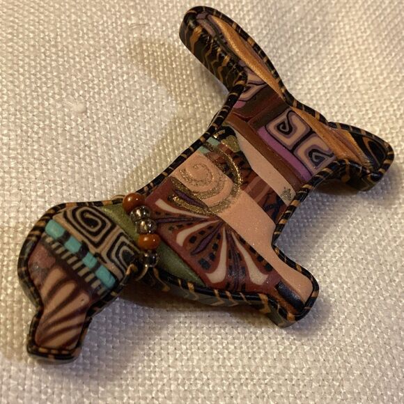 Folk Art Handmade Wooden Looking Dog Broach Pin Arts & Crafts Style Fancy Collar - Picture 10 of 11